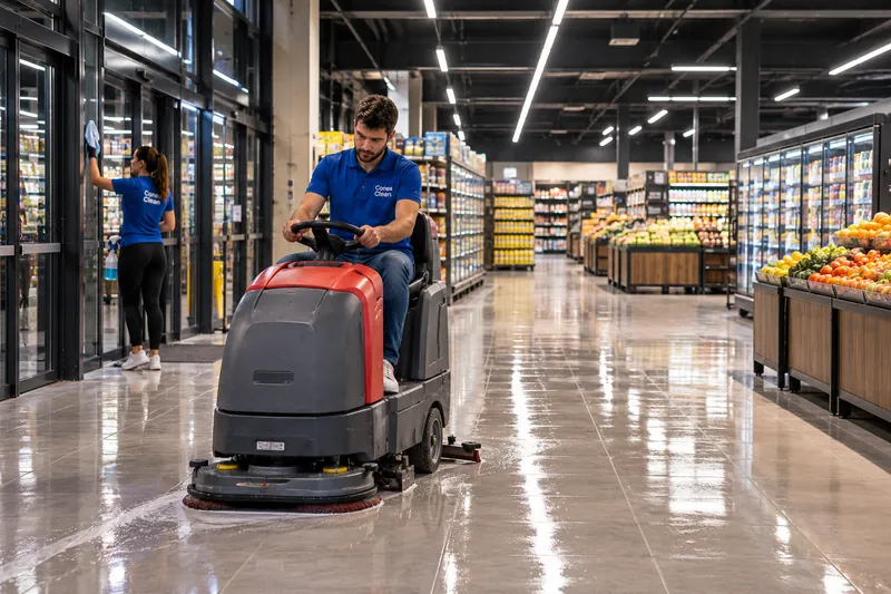 Operator Conex Clean pe mașina de spălat pardoseli, pe culoarul unui supermarket