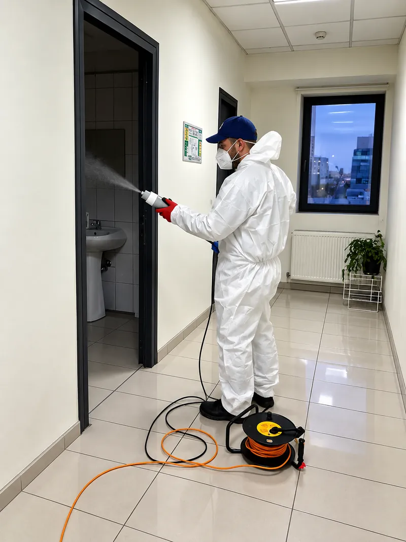 Operator în echipament de protecție efectuând dezinfecția pe un hol